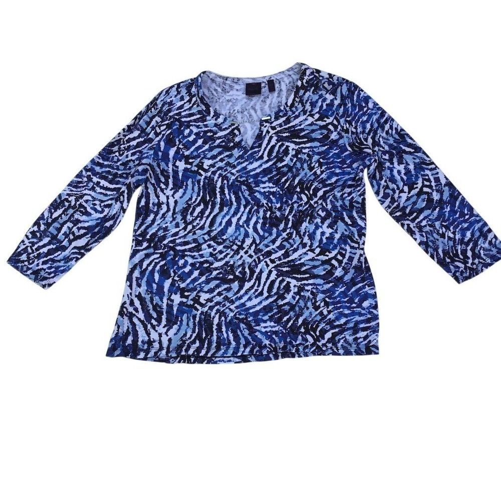 Rafaella  Women's 3/4 Sleeve V-Neck Animal Print Blouse Blue L‎